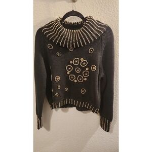 Vintage‎ 80s Cowl Neck Sweater M Gold Tone Beaded Turtleneck Short Party